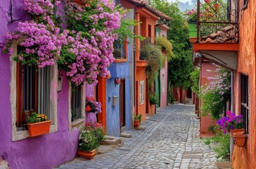 Fototapeta premium A peaceful village with cobblestone streets,