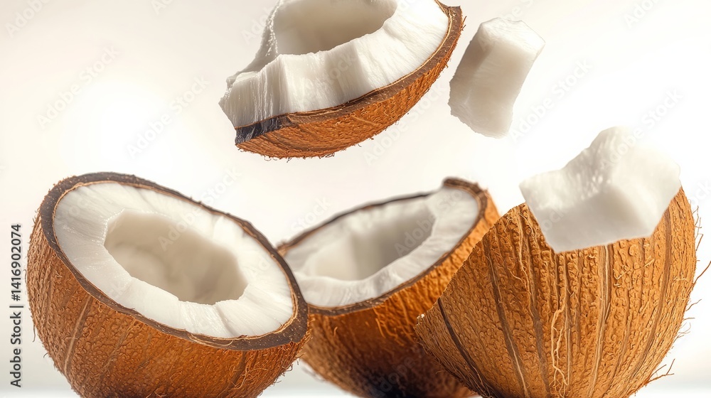 Aufkleber three coconuts are sliced open, revealing the white flesh inside. the coconuts are floating in the a