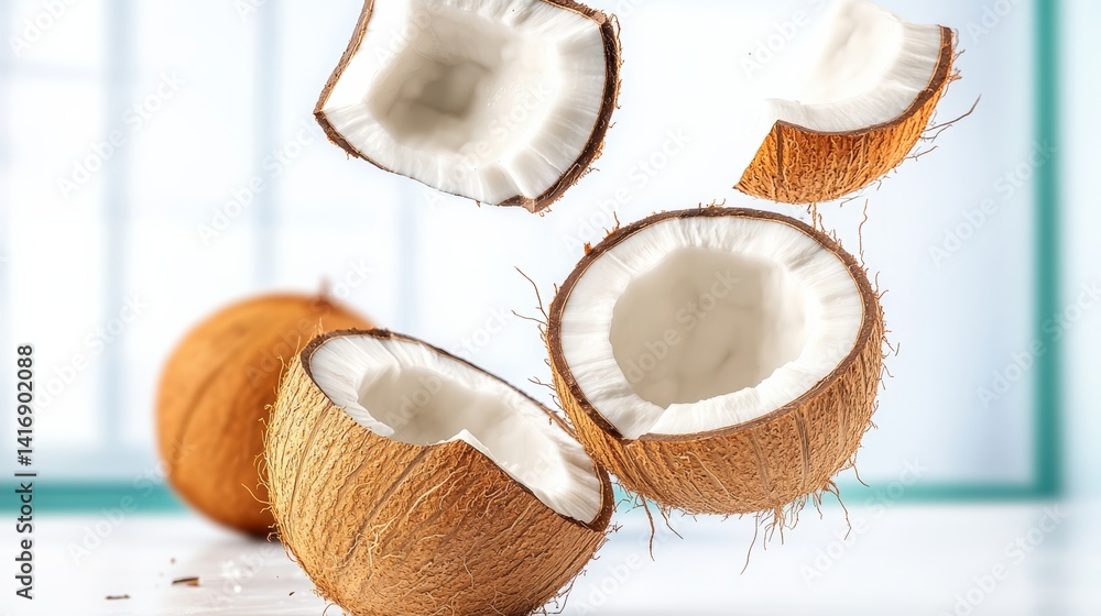 Poster close up of a coconut with the shell removed. the coconut is in the air, and the image conveys a sen