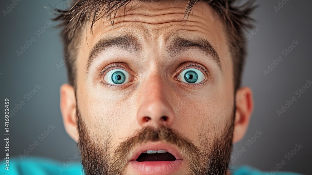 Aufkleber man with a beard and blue eyes is staring at the camera with a surprised expression. concept of shoc