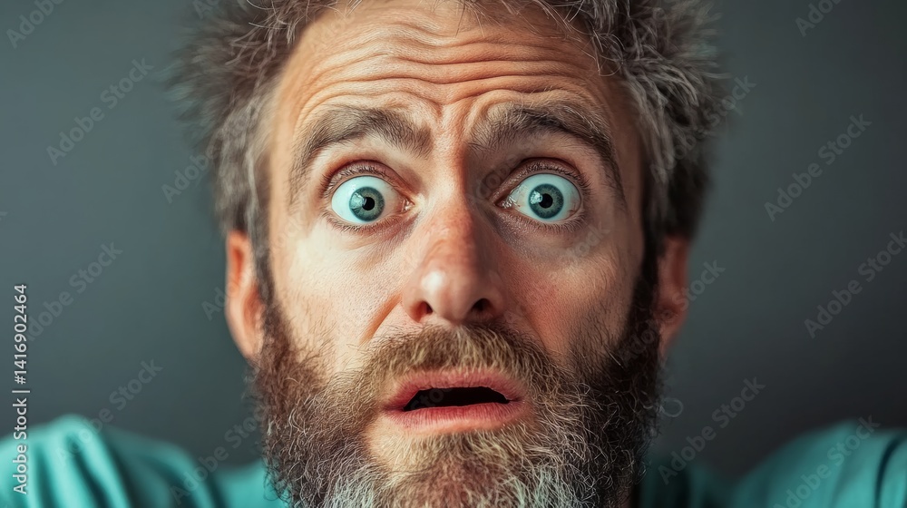 Poster man with a beard and a surprised expression on his face. the man's eyes are wide open and his mouth 