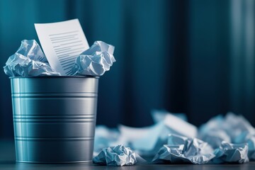 Metal trash can filled with crumpled paper balls, writing practice sheets, and discarded paperwork in a soft focus background