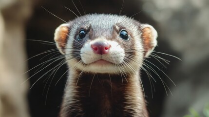 Fototapeta premium A playful ferret tilts its head and smiles cutely, its tiny whiskers twitching with curiosity.