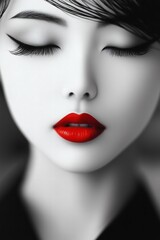 Naklejka premium Serene expression with red lips and closed eyes, suitable for beauty, calm, and meditative themes