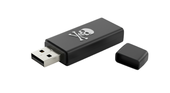Isolated Black USB Drive with Skull Icon