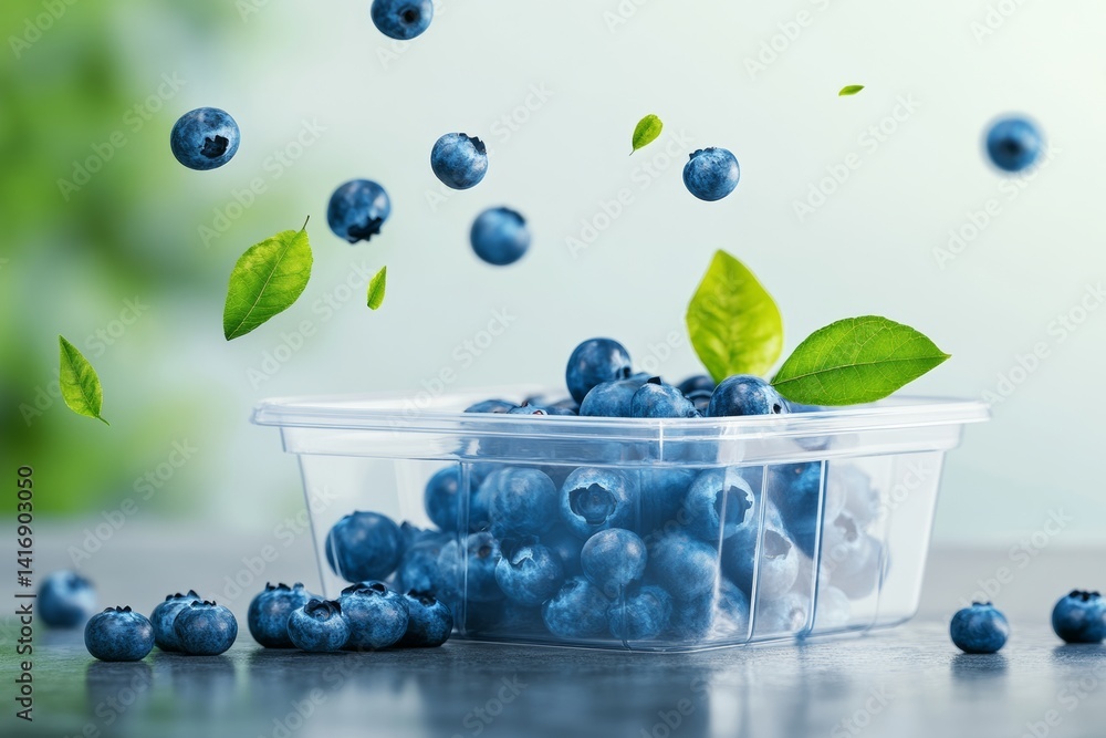Poster container of blueberries with a leaf on top. the blueberries are scattered around the container and 