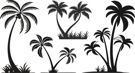 Black Palm Tree Silhouette Icons for Tropical Design | Palm Tree Silhouettes Set for Summer and Beach Art | Tropical Palm Tree Clipart Collection | Palm Tree Outline Icons for Travel