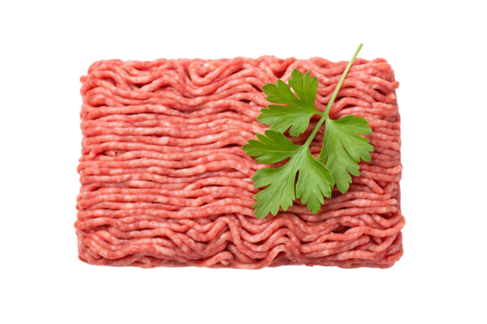 Fresh ground beef with parsley, raw minced meat on transparent background