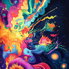 Vibrant abstract art explosion digital space graphic design cosmic environment colorful viewpoint