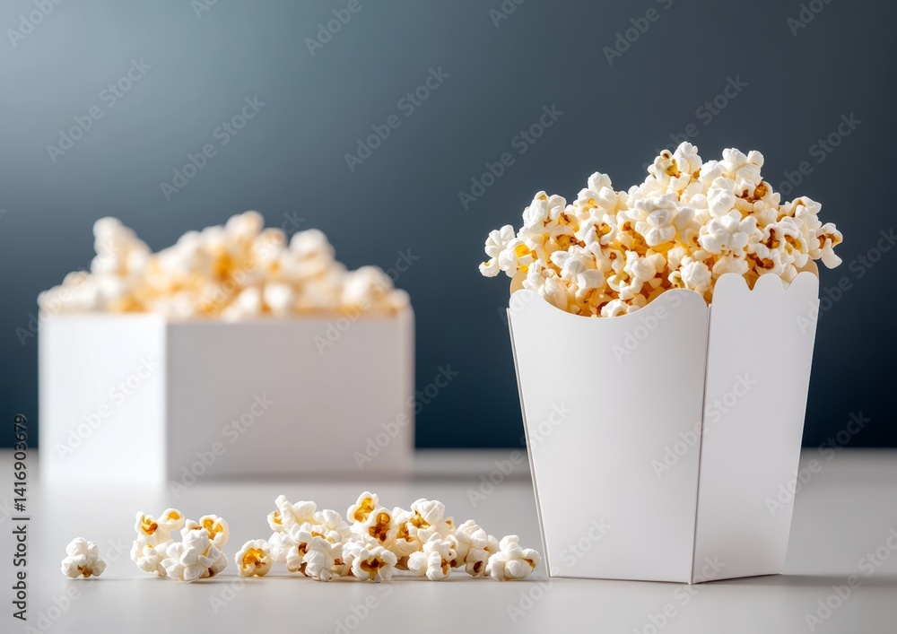 Aufkleber two white boxes of popcorn are placed on a table. the popcorn is inside the boxes and spread out on 