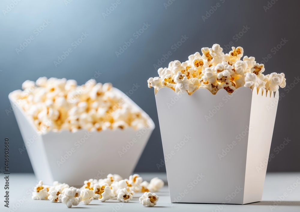 Poster two white boxes of popcorn are sitting on a table. the popcorn inside the boxes is white and spread 