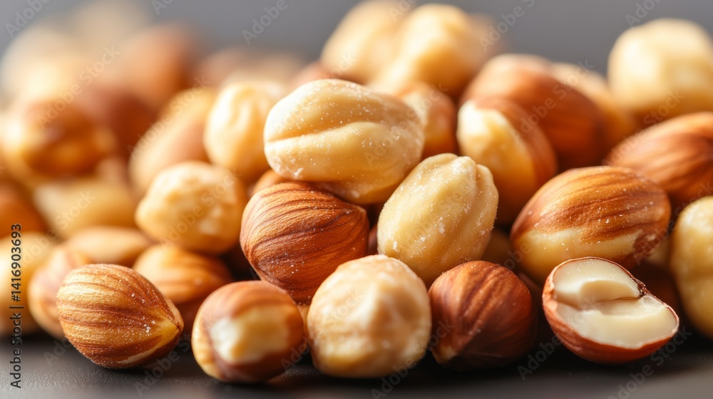 Poster pile of nuts with some of them open. the nuts are mostly almonds and cashews. the pile is on a black