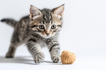 Obraz premium A playful gray tabby kitten pouncing on a toy, with