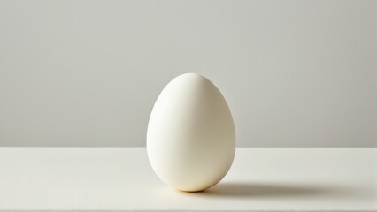 A singular, pale-colored avian egg stands serenely against a neutral backdrop, its simple form highlighted by subtle light and shadows.