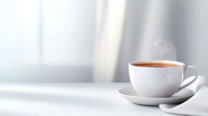 Fototapeta premium Steaming Cup of Coffee on a White Marble Surface with Soft Natural Light and Cozy Atmosphere
