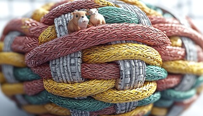 Colorful braided sphere with miniature animals.