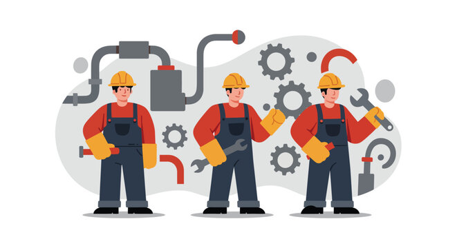 Three male plumbers in orange shirts and blue overalls holding tools with industrial pipes and gears background flat design vector illustration