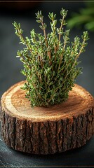 Fresh thyme sprigs presented on a rustic wooden slice.
