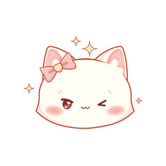 Cute winking white cat. Kawaii kitten on white background. Vector character in anime style