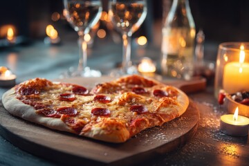 Heart shaped pizza for Valentine’s Day with romantic setting