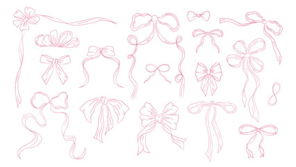 Set of vintage bows in coquette style, retro ribbons outline. Whimsical ribbons, bows on white background. Vector elements