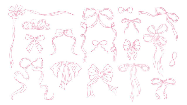 Set of vintage bows in coquette style, retro ribbons outline. Whimsical ribbons, bows on white background. Vector elements