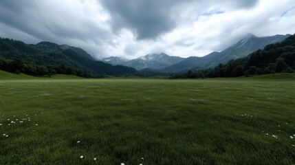 Vast meadow stretches beneath dramatic mountain range.  Dense forest lines the valley.  A sky full of clouds