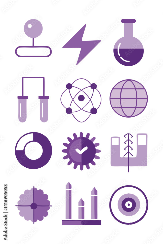 Poster purple science and data icons, vector design set