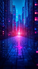 Futuristic cityscape at night, showcasing technological advancement.