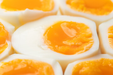 Hard-boiled eggs cut in half. Close up