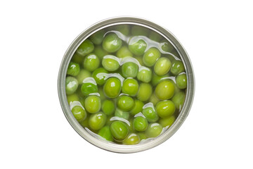 Close-up of canned green peas isolated on transparent background. Top view