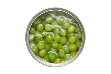 Close-up of canned green peas isolated on transparent background. Top view
