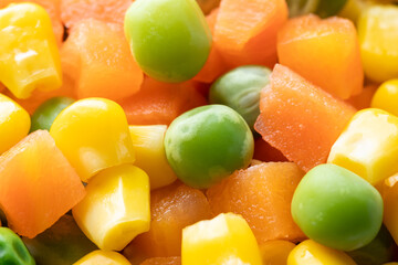 Ripe Green Peas, Sweet Corn And Carrots. Three Mixed Vegetables