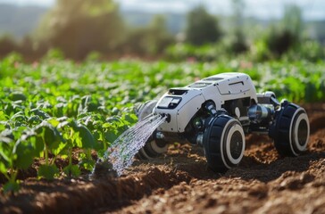 A robot delivering water to a row of crops,