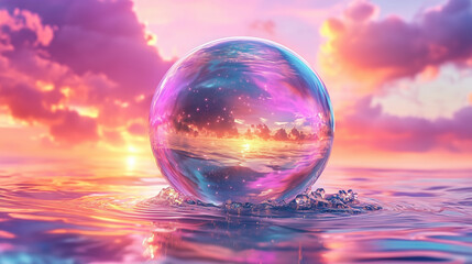 Crystal ball on water under pink sunset