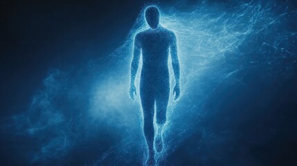 Abstract figure walking through a vibrant energy field