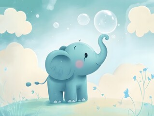 Adorable Elephant Cartoon Illustration: Playful Whimsical Animal Art with Bubbles and Clouds in a Fantasy Sky