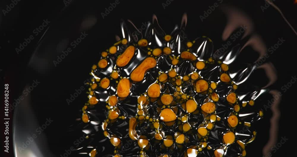 Poster alcohol ink is creating abstract and colorful patterns, with orange and yellow pigments mixing with 