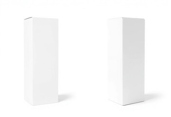 White cardboard boxes, tall and rectangular, shown in side and front views on pure white background Clean, isolated product packaging, product, template