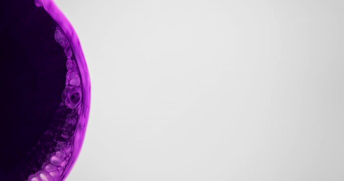 Creating a stunning abstract pattern, purple and black alcohol ink forms dynamic cells and bubbles against a bright white background, offering ample copy space for artistic expression