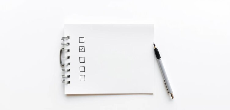 White checklist notepad, pen, and blank white paper on white background, pad, planning