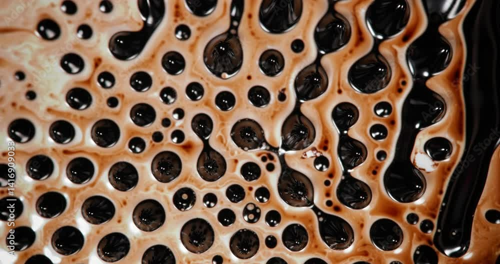 Poster glossy black droplets cluster within a mocha-colored fluid surface, the composition forms wavy, cell