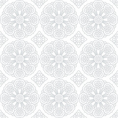 Blue Ornamental Seamless Pattern with Buddhist Wheel of Samsara and Azulejo Tile Motifs for fabric , wallpaper or wrapping paper. Botanical classic elegance print design.