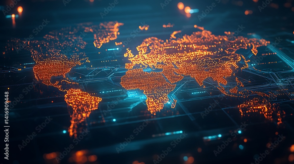 Poster futuristic digital world map with glowing circuits, futuristic digital world map with glowing orange