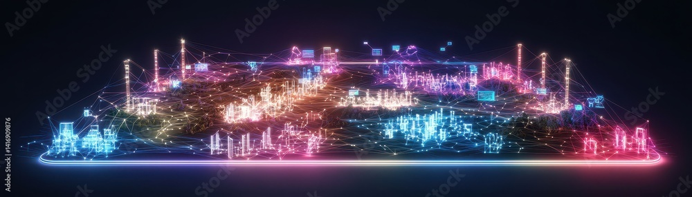 Poster a vibrant digital landscape featuring interconnected nodes and structures, illuminated in neon color
