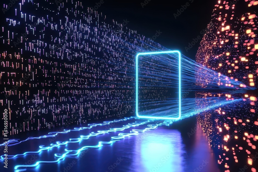 Poster a vibrant, futuristic scene featuring glowing blue lines and colorful lights, creating a tunnel-like