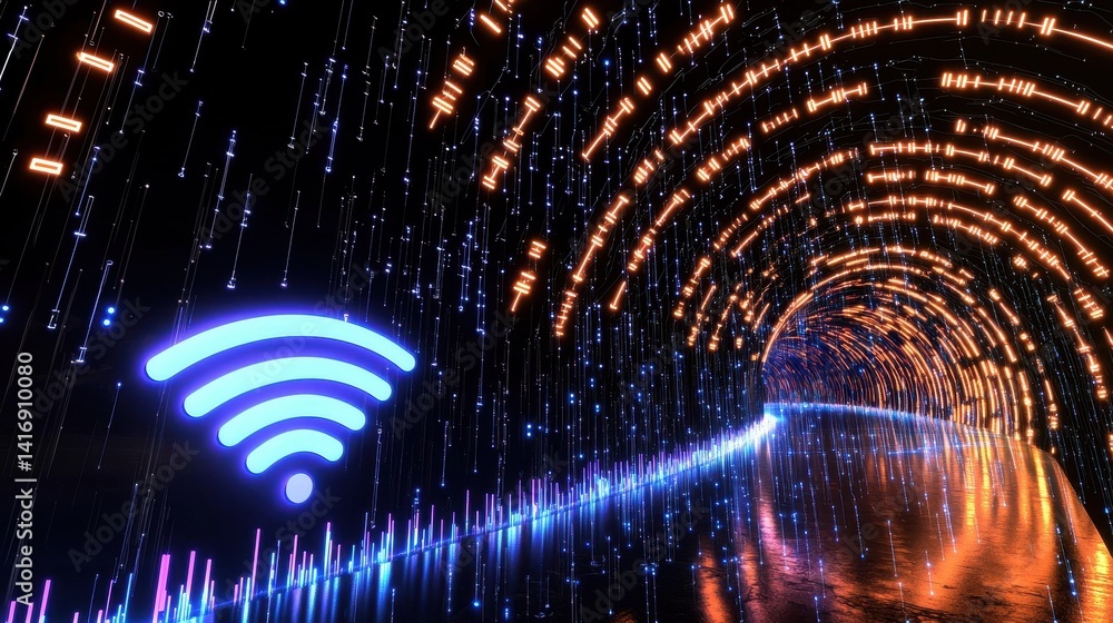 Aufkleber a vibrant, illuminated tunnel with streaming lights and a prominent wifi symbol, creating a futurist