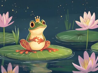 Whimsical Frog Prince & Princess in a Fantasy Pond - Cute Cartoon Illustration for Children's Book