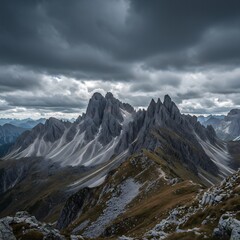 Obraz premium Dramatic Mountain Landscape Rocky Peaks Under Cloudy Sky, Nature Scenery Photography