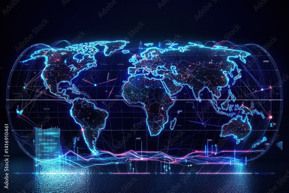 Poster a futuristic digital map of the world, showcasing glowing lines and data visualizations against a da